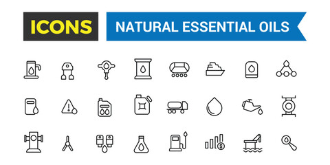 Natural Essential oils icons collection. Outline icons pack. Editable vector icon set and illustration for web and UI.