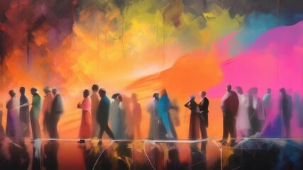 An abstract painting depicting a diverse group of people standing in a line against a vibrant, colorful background. The image showcases various colors blending together, creating a dynamic and