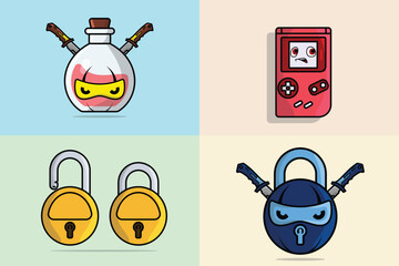 Set of Padlock For Password Secure with gamepad vector illustration. Technology and safety objects icon concept. Symbol protection and security.