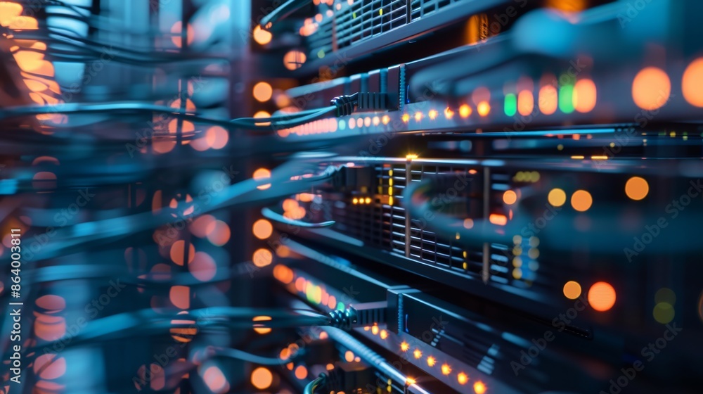 Poster a high angle view of a modern data center showcasing rows of servers neatly arranged. the servers ar