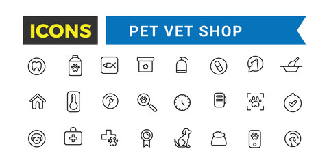 Pet, vet, pet shop icon set. Outline icons pack. Editable vector icon and illustration.