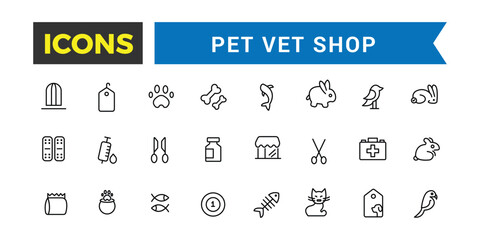 Pet, vet, pet shop icon set. Outline icons pack. Editable vector icon and illustration.