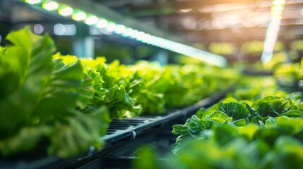 A high-angle view of a modern hydroponic farm showcases rows of lush green vegetables growing under artificial lights