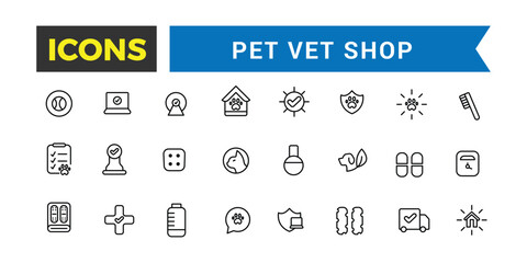 Pet, vet, pet shop icon set. Outline icons pack. Editable vector icon and illustration.