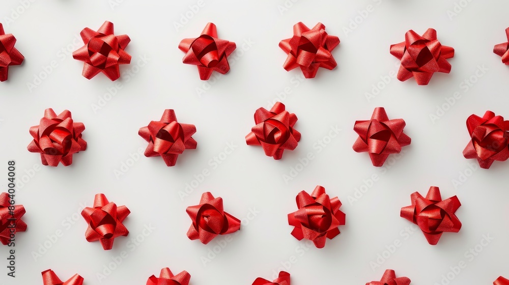 Poster a commercial photograph showcasing a high-angle view of multiple red bows arranged neatly in rows on