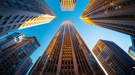 An elegant skyscraper in the downtown area of ​​a metropolis, shot from the bottom up with a lens during the golden hour of illumination, architectural photography, cityscape with skyscrapers and skyl