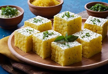 Popular Indian dish Traditional Food Sev Khaman Dhokla Served With Green Chutney & Chilli