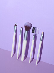 Set of makeup brushes on purple background. Creative layout. Beauty still life with shadow