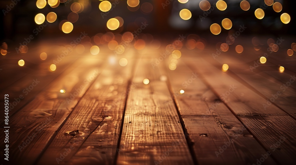 Poster a wide-angle shot of a brown wooden floor with ambient bokeh lights in the background, creating a wa