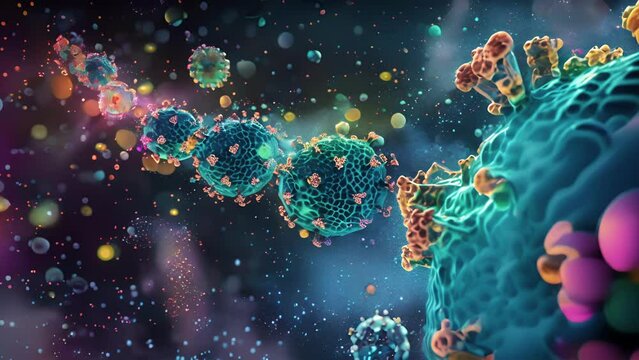 An immunofluorescence animation of TLRs in action binding to viral particles and triggering the activation of immune cells.