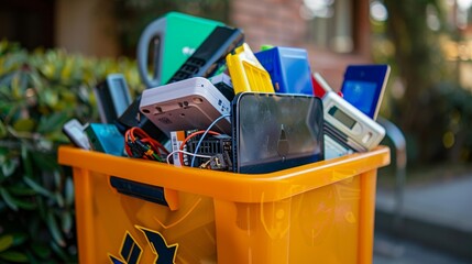 Household electronic items in a recycling bin, illustrating the proper disposal and recycling of hazardous e-waste to protect the environment