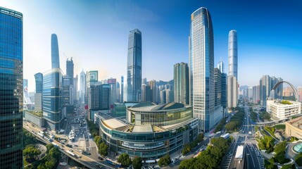 Obraz premium A panoramic view captures a bustling cityscape, with a prominent modern office building standing tall amidst surrounding skyscrapers