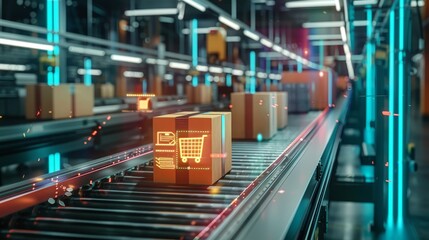 Fototapeta premium Innovative conveyor belt system, parcels moving under holographic data projections, QR codes scanned for efficient tracking