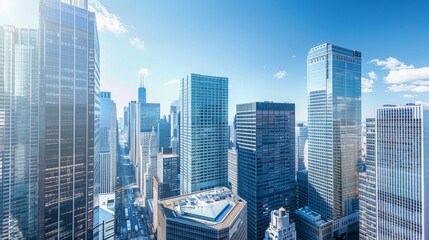 Obraz premium A high-angle panoramic view of a city skyline with tall office buildings and a blue sky
