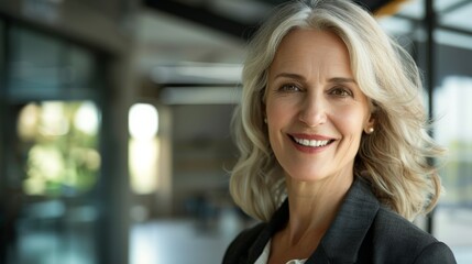 Fototapeta premium A confident, successful middle-aged woman in chic business attire smiles radiantly in a professional portrait taken in an office setting