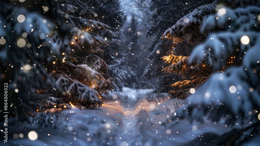 Poster a tranquil scene of snow falling softly in a dark forest at night. the focus is on a path lined with
