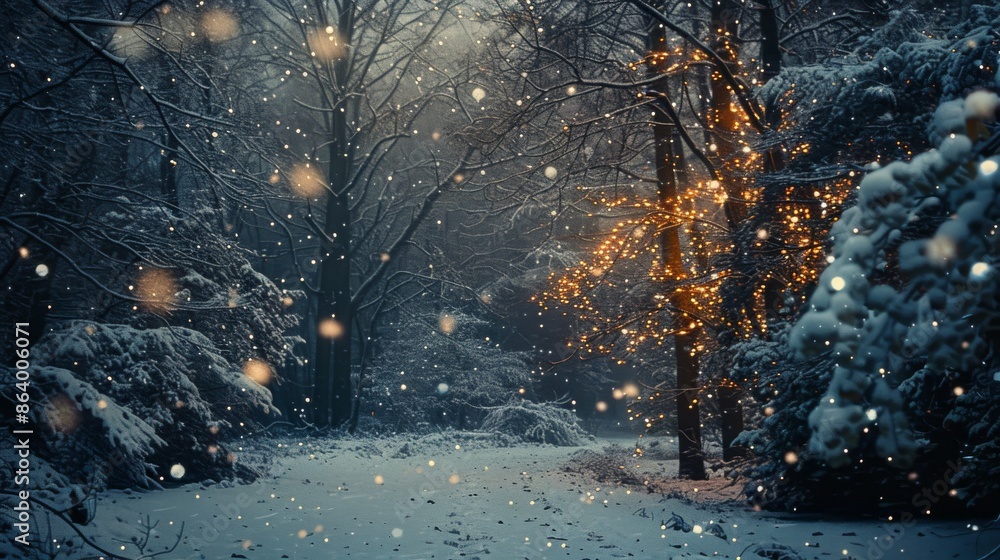 Poster a captivating image of a winter forest at night, illuminated by string lights and softly falling sno