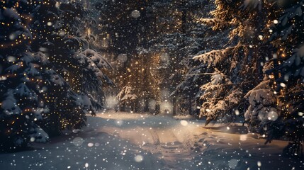 A serene photograph capturing falling snow in a dark forest at night. String lights illuminate the trees and path, creating a magical atmosphere