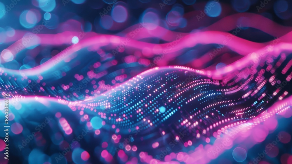 Poster a dynamic image featuring swirling neon lights in vibrant shades of pink and blue, creating an abstr