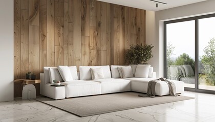 Spacious Modern Minimalist Living Room with White Sofa, Sleek Wooden Accent Wall