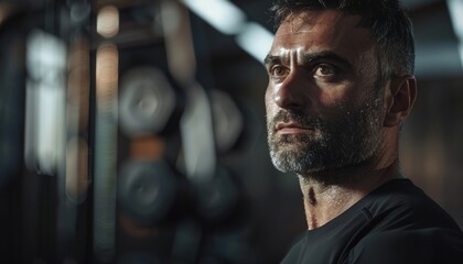 Obraz premium Thoughtful Man in Gym, Natural Light, Fitness Equipment, Wearing Black Shirt, Determined Expression
