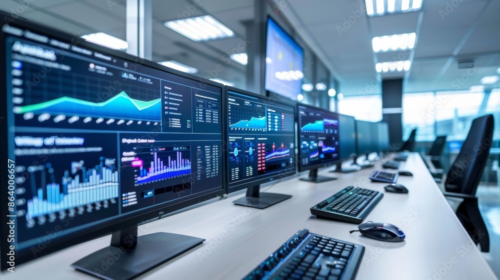  a wide-angle shot of a modern workspace with multiple computer screens displaying data analytics and