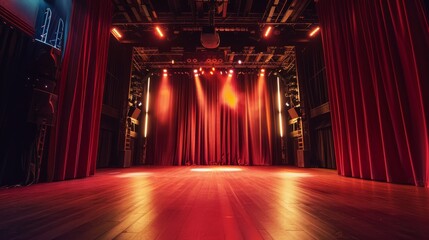 A wide-angle photo of a modern theater stage with red curtains drawn closed, bathed in the warm glow of spotlights. The stage is ready for the performance to begin