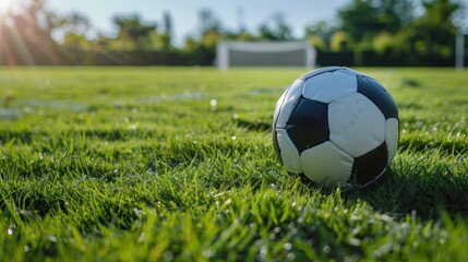 Fototapeta premium On lush grass, the soccer ball is in goal.