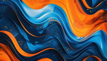 Abstract Art in Orange and Blue Wavy Pattern with Circular Elements, Fluid and Contrasting, Background with Copy Space