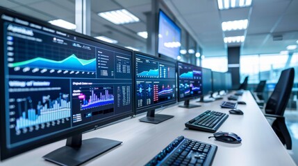A wide-angle shot of a modern workspace with multiple computer screens displaying data analytics and digital networks
