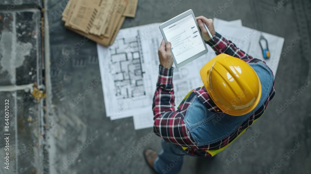 Poster a top-down view of a young engineer using a tablet to review construction drawings, with a copy spac