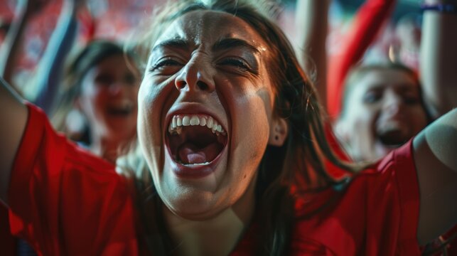Red sports fans cheering for their side as they exit the stadium - Football fans enjoying themselves during a competition - Champions and winning idea - Center lady face