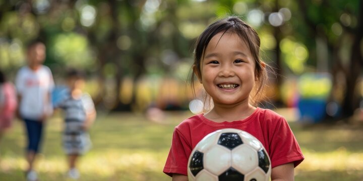 Little schoolgirl with soccer ball, joyful expression, smiling youngster, street soccer stadium, informal soccer match, nearby soccer field, children playing football, enjoyable football