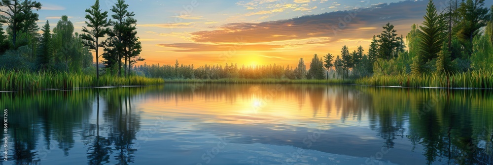 Aufkleber A serene lake scene with a sunset reflected on the calm water. Trees and reeds line the lakes edges, creating a peaceful and natural setting. Generative AI