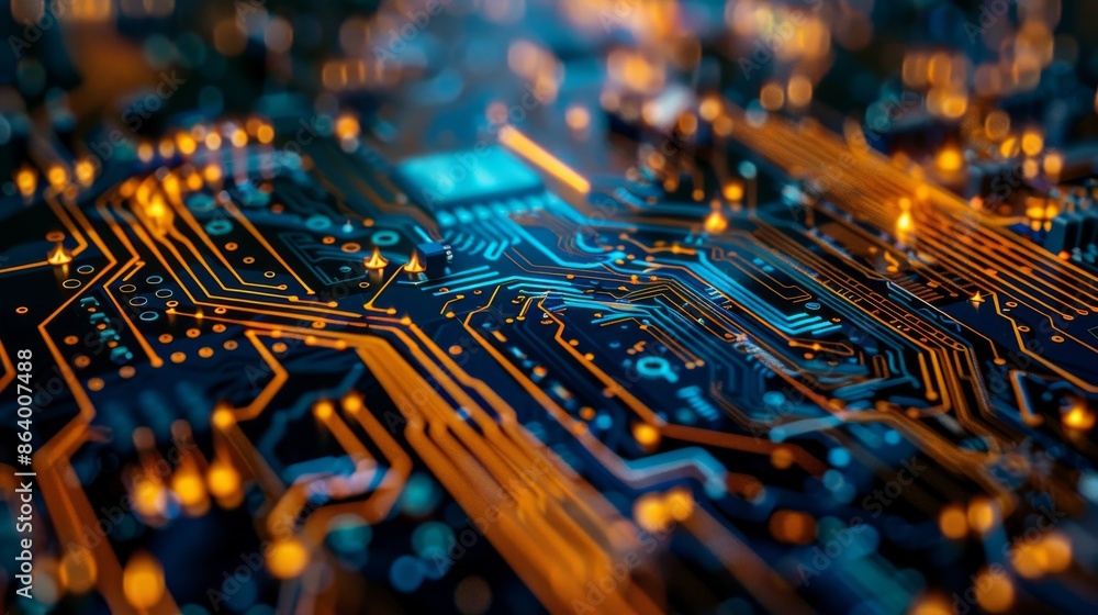 Poster a close-up photo of a circuit board, showcasing the intricate pathways and components that connect a
