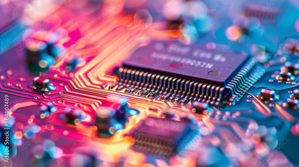 Poster an abstract, close-up image of a circuit board component, highlighting the intricate pathways and te