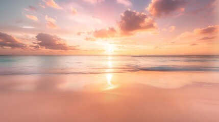 Fototapeta premium A wide-angle shot captures the breathtaking beauty of a tropical beach at sunset. The vibrant colors of the sky blend seamlessly with the calm ocean waters