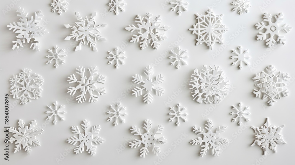 Poster a close-up image showcasing a collection of delicate, white snowflakes arranged in a symmetrical pat