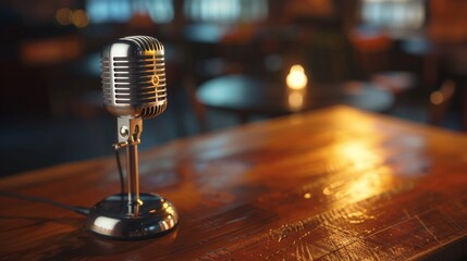 A close-up shot of a vintage microphone standing on a polished wooden desk in a dimly lit bar setting