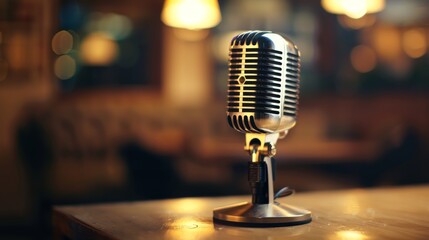 Close-up of classic retro microphone on polished wooden desk in vintage setting with warm lighting and blurred background