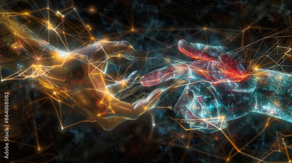 Poster an artistic photograph of digital hands merging together in a virtual space, illustrating the concep