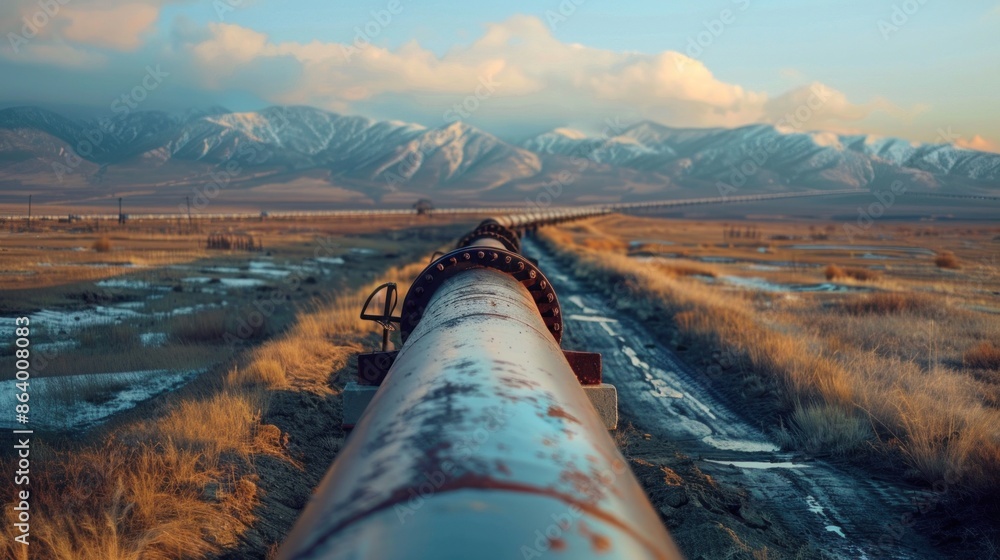 Poster an isolated image of a pipeline transporting petroleum products across a landscape, with space aroun