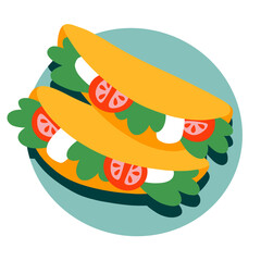 It's on a plate. Vegetables in a flatbread. Mexican fast food. Flat  illustration of snacks isolated on white background 