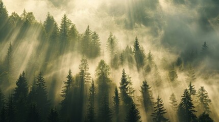 A breathtaking view of sunlight filtering through a dense forest of pine trees, enveloped in a mystical morning mist