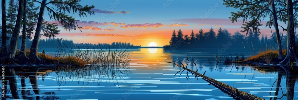 Poster A serene lakeside scene with a sunset reflecting on the calm water. Trees and reeds line the edges, creating a peaceful and natural setting. Generative AI