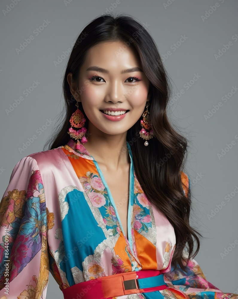 Wall mural colorful theme fashion asian pretty woman model influncer with clear smooth skin smiling on camera