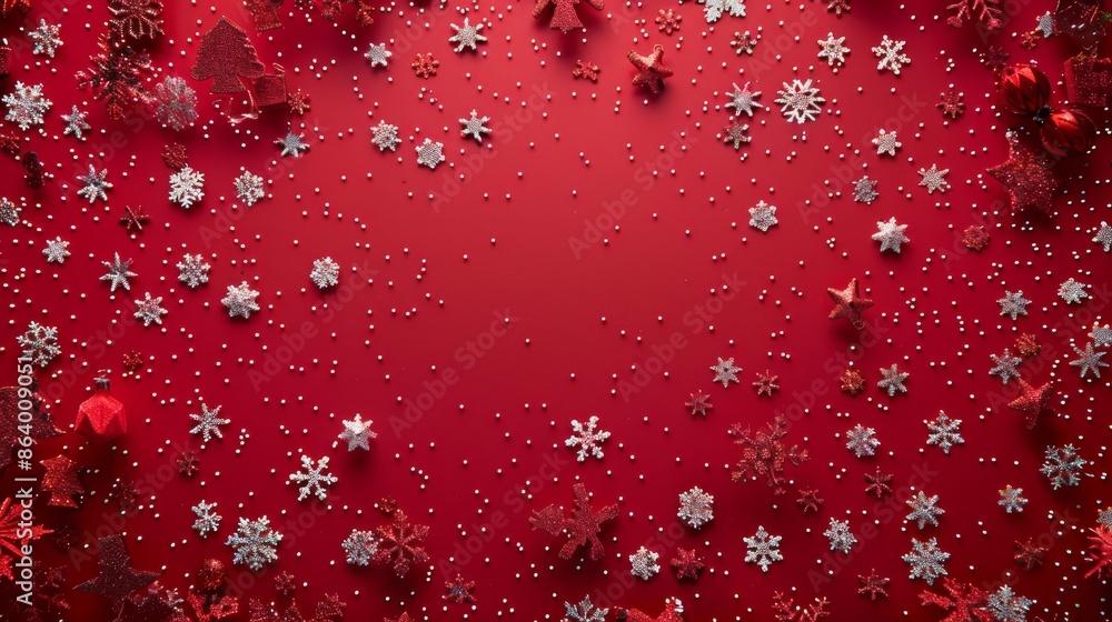 Poster a wide-angle overhead view of a red christmas background scattered with silver snowflakes and red or