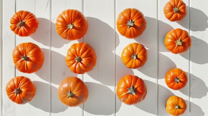 A collection of small, orange pumpkins are arranged in rows on a white, wooden surface. The pumpkins are evenly spaced, creating a symmetrical and visually appealing display