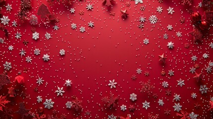 A wide-angle overhead view of a red Christmas background scattered with silver snowflakes and red ornaments