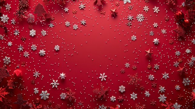 A wide-angle overhead view of a red Christmas background scattered with silver snowflakes and red ornaments